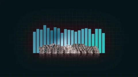 A fluctuating bar graph and pile of coins. Stock-Footage 232749116