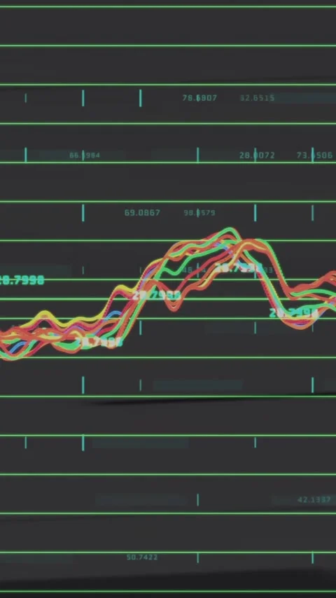 Fluctuating colorful lines representing data analysis animation over dark grid Stock Footage 319883001