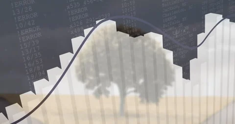 Fluctuating financial graph with tree silhouette and data error messages in Stock Footage 305884463