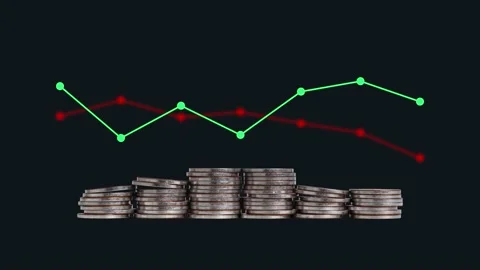 Fluctuating line graphs and piles of coins. Stock Footage 232600466