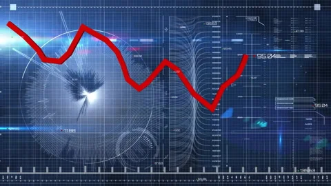 Fluctuating red line graph over futuristic data analysis animation Stock Footage 304194976