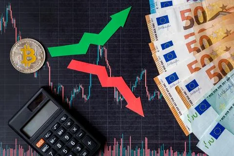 Fluctuations and forecasting of exchange rates of virtual money. Red and gr.. Stock Photos