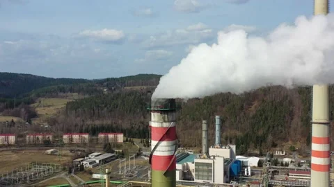 Flue gas stack, smoking chimney of coal power plant, close up drone aerial Video stock 152434033