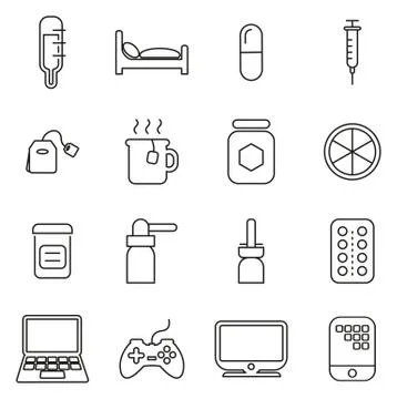 Flue or Cold or Sick Icons Thin Line Vector Illustration Set Stock Illustration