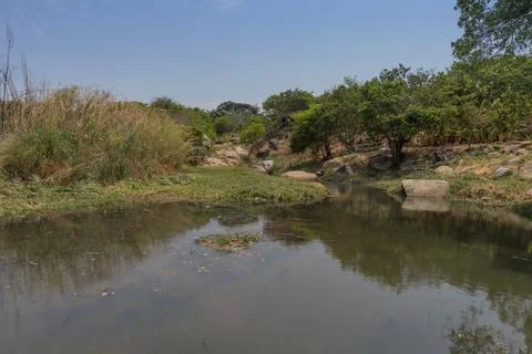 Fluent river with rocks and vegetation in Africa. Lubango. Angola. Stock Photos