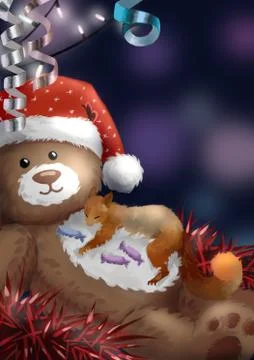 Fluffy bear and squirrel against the background of Christmas decorations. Stock Illustration