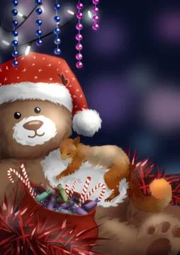 Fluffy bear and squirrel against the background of Christmas decorations. Stock Illustration