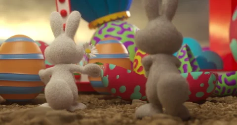 Fluffy Bunny Duo: Dancing Amidst an Array of Easter Eggs Stock Footage 277522282