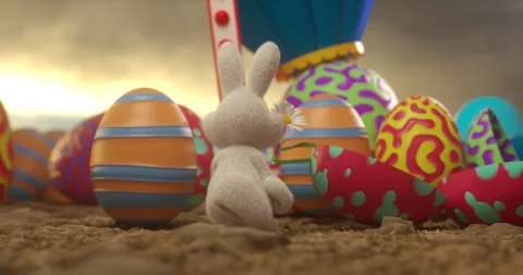 Fluffy Bunny's Easter Dance: Frolicking Amidst Colorful Easter Eggs Stock Footage 277685646