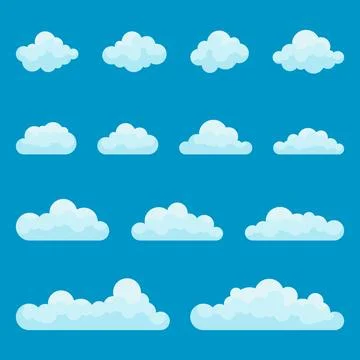 Fluffy cartoon cloud set in soft blue and white palette Stock Illustration