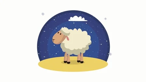 Fluffy cartoon sheep under a starry night sky on a yellow hill animal Stock Footage 320832070