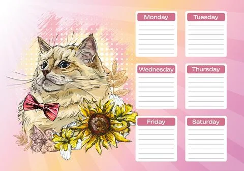 Fluffy cat with flowers printable planner and school schedule vector Stock Illustration