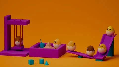 Fluffy chicks playing on swing, sandbox, seesaw, and slide.... Illustrazione stock