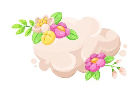 Fluffy Cloud as Celestial Body with Flower Adornment Vector Illustration Illustrazione stock
