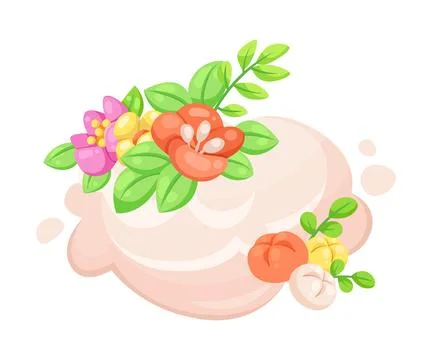 Fluffy Cloud as Celestial Body with Flower Adornment Vector Illustration Stock Illustration