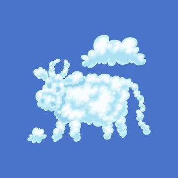 Fluffy cloud in form funny cute cow flying on blue sky a vector illustration. Stockillustratie
