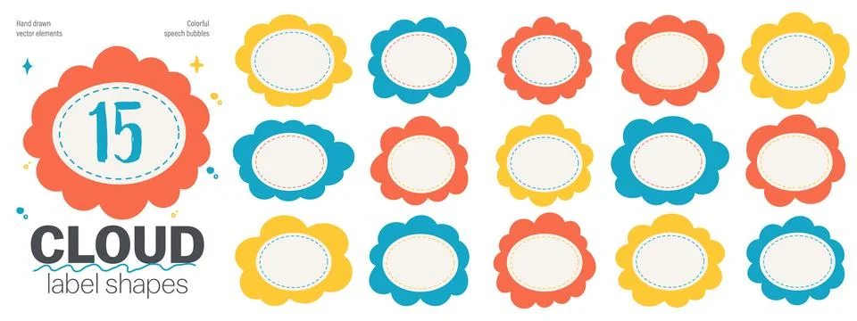 Fluffy cloud label shapes set with wavy edges. Soft rounded frames for badg.. イラスト素材