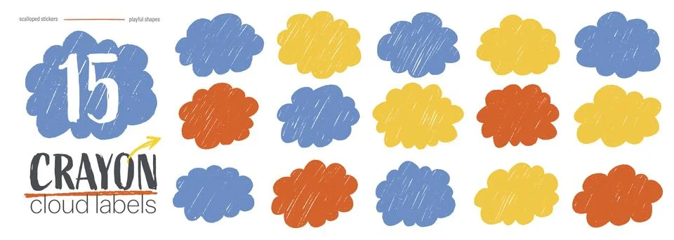 Fluffy cloud shapes in crayon scribble style. Playful doodle badge templates. Stock Illustration