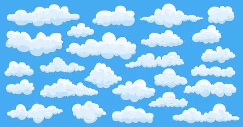 Fluffy clouds. Cartoon summer clouds cute game elements, comic white atmosphe 스톡 일러스트