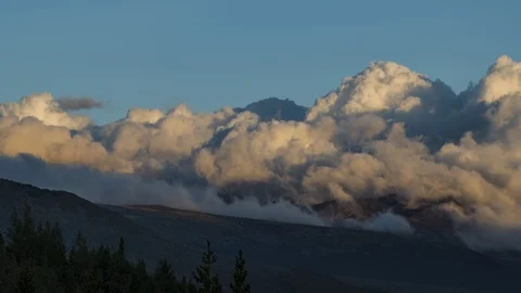 Fluffy clouds flowing over forest hills at sunset 8K time lapse Stock Footage 113997388