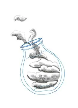 Fluffy clouds flying out of a transparent round jar Stock Illustration