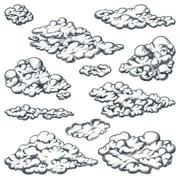 Fluffy clouds hand drawn sketch vector illustration. Sky design elements set Illustrazione stock
