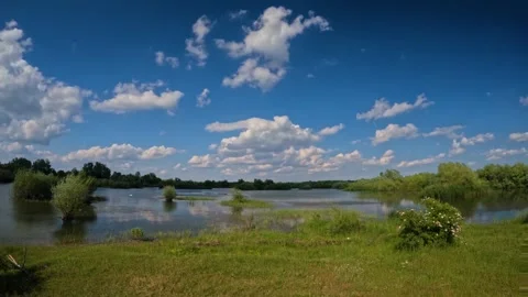 Fluffy Clouds Moving Fast Over Arges Delta Lakes Summer Time Lapse Stock Footage 341422380