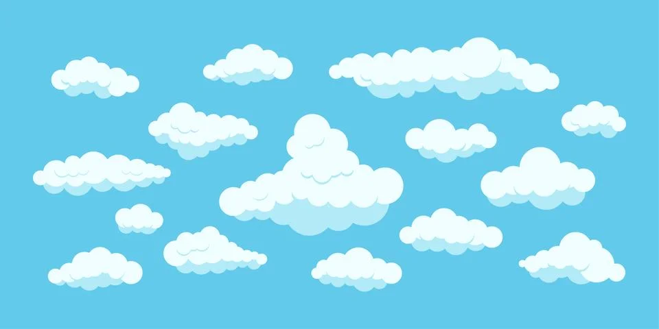 Fluffy clouds set isolated on blue heaven background. Stock Illustration
