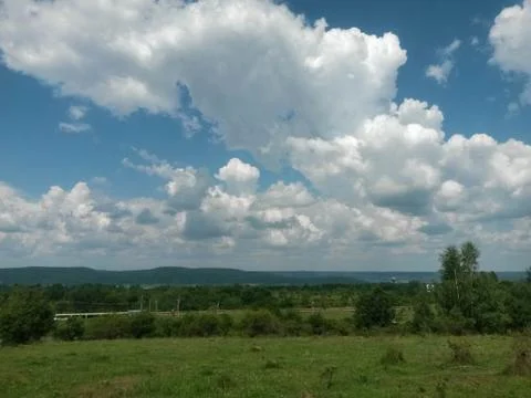 Fluffy clouds on the sky. cloudy day in the forest Stock Photos