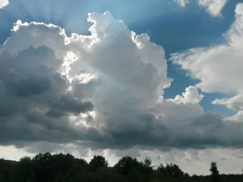 Fluffy clouds on the sky. cloudy day in the forest Stock Photos