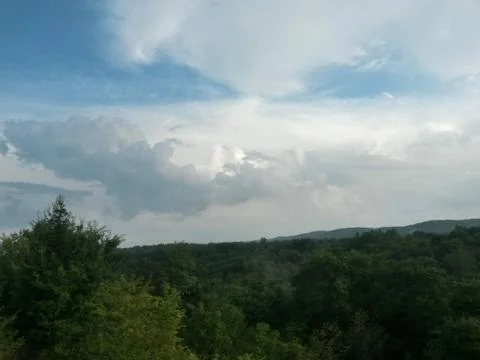 Fluffy clouds on the sky. cloudy day in the forest Stock Photos