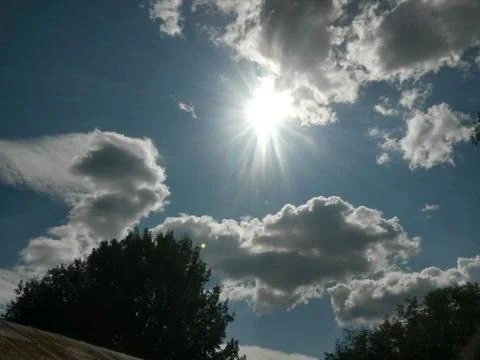 Fluffy clouds on the sky. cloudy day in the forest Stock Photos