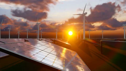 Fluffy clouds at sunset over solar panel field Video stock 235998090