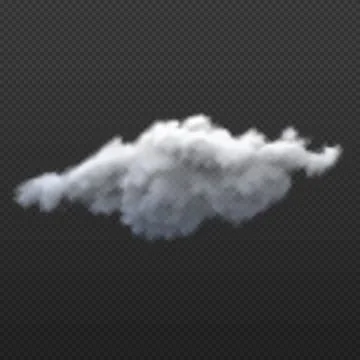 Fluffy, cumulus, white cloud on a black, isolated transparent background. Illustrazione stock