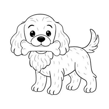 Fluffy cute Cocker Spaniel standing and holding bone in its mouth. Doodle sty Stock Illustration