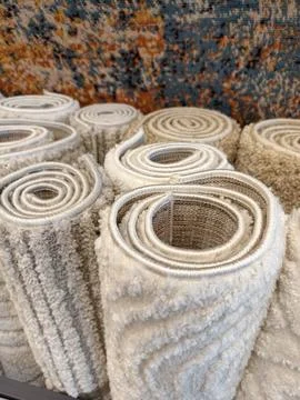 Fluffy decorative carpets in light and gray tones arranged in a store highl.. 스톡 사진