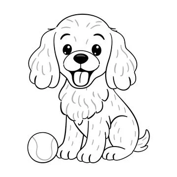 Fluffy dog Cocker Spaniel sitting happily with tennis ball. Doodle style Stock Illustration