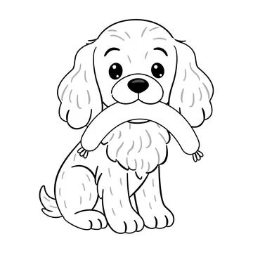Fluffy dog Cocker Spaniel sitting and holding a sausage in its mouth. Doodl.. Stock Illustration