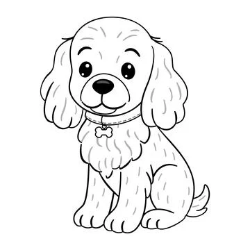 Fluffy dog, Cocker Spaniel sitting and wearing collar with bone charm. Dood.. Stock Illustration