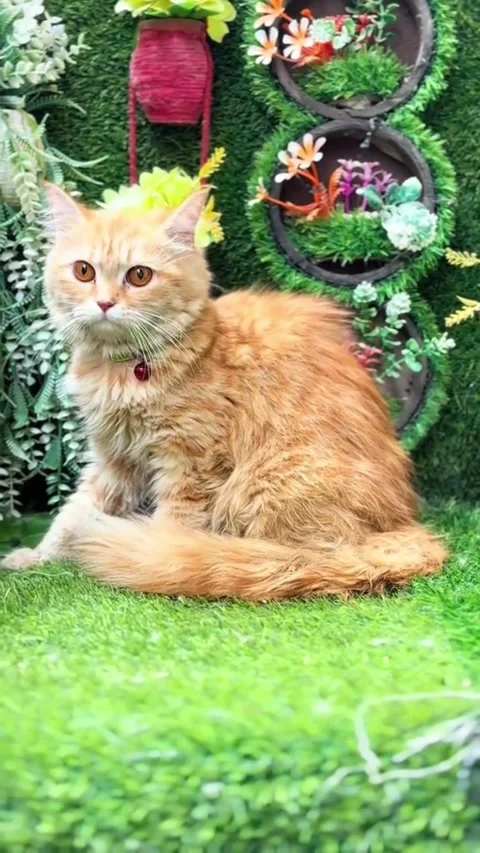 Fluffy Ginger Cat Sitting in a Decorated Green Garden Background Stock Footage 337513749