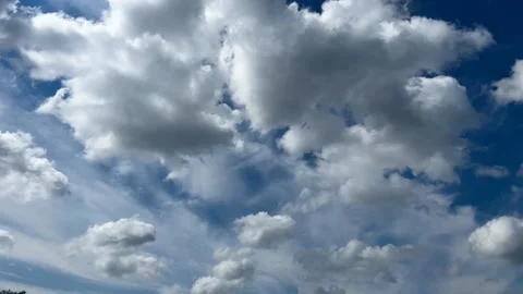 Fluffy gray and white clouds move smoothly against the blue sky. Stock Footage 241083098