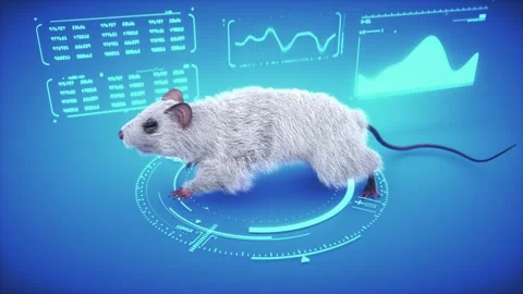 Fluffy Gray Mouse with Long Tail on Blue Background Detailed Look at Small .. Stock Footage 314067564