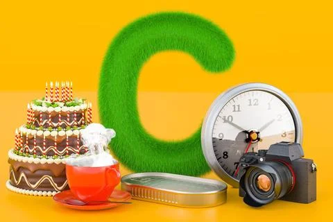 Fluffy letter C with cake, clock, cup, tin can, camera. Kids ABC, 3D rende... Stock Photos