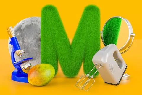 Fluffy letter M with moon, microscope, mirror, mixer, mango. Kids ABC, 3D r.. Ilustração Stock