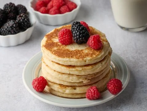 Fluffy Pancake Stack with Fresh Berries Stock Photos