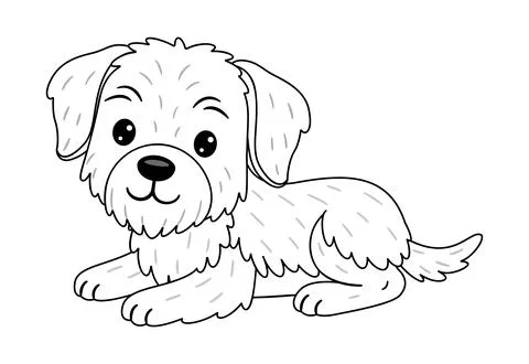Fluffy puppy Slovakian Pointer lying down and resting calmly. Doodle style Stock Illustration