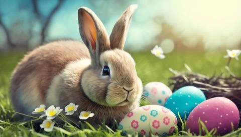 Fluffy rabbit and colorful Easter eggs on lawn on sunny day on nature background Stock Illustration