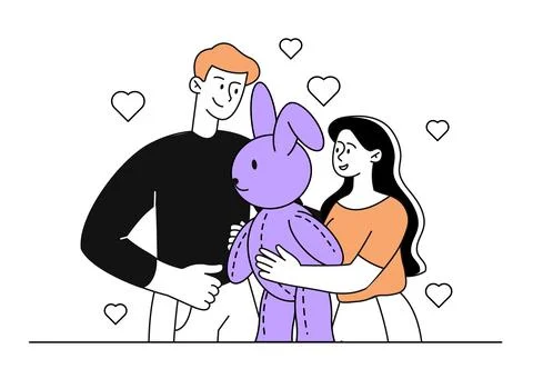 Fluffy rabbit gift to girl vector linear Stock Illustration