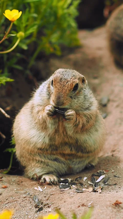 A fluffy rabbit sits on a dirt path in a vibrant garden, munching on small seeds 動画素材 312463462