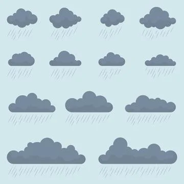 Fluffy rainy storm clouds and downpour vector icons Stock Illustration